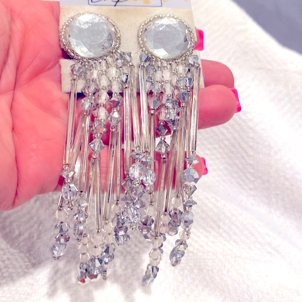 Vintage Chipita Clear Glass and Crystal Dangle- pierced -new 4-3/4 long,9